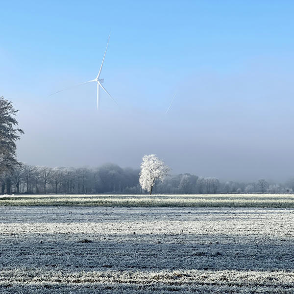 A winter landscape with a wind turbine half covered in mist