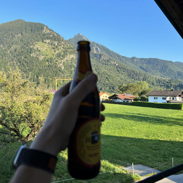 A bottle of beer in the foreground, the sunny mountains in the background 
